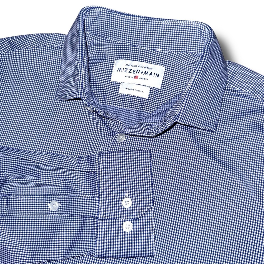 MIZZEN MAIN Dress‎ Shirt 2XL Gingham Plaid Spinnaker Trim Fit Button Up Stretch